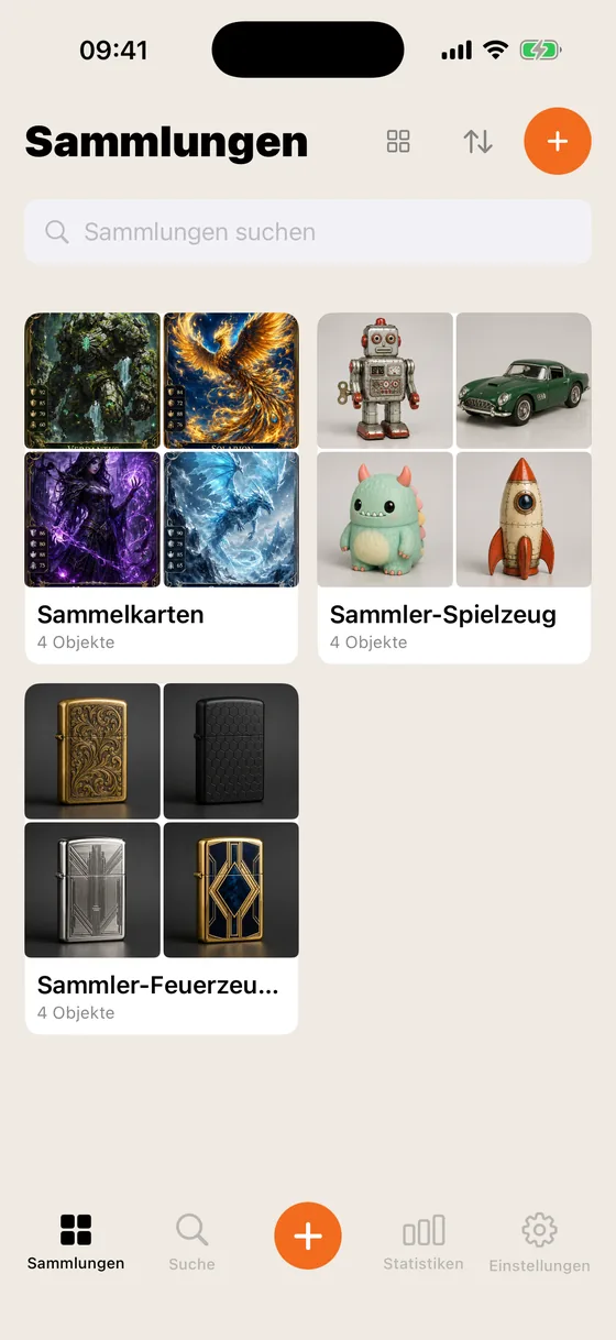 Der Startbildschirm von Collection mit drei Sammlungen als Vorschaubilder.