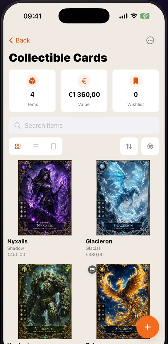 The gallery of a card collection, in a grid.