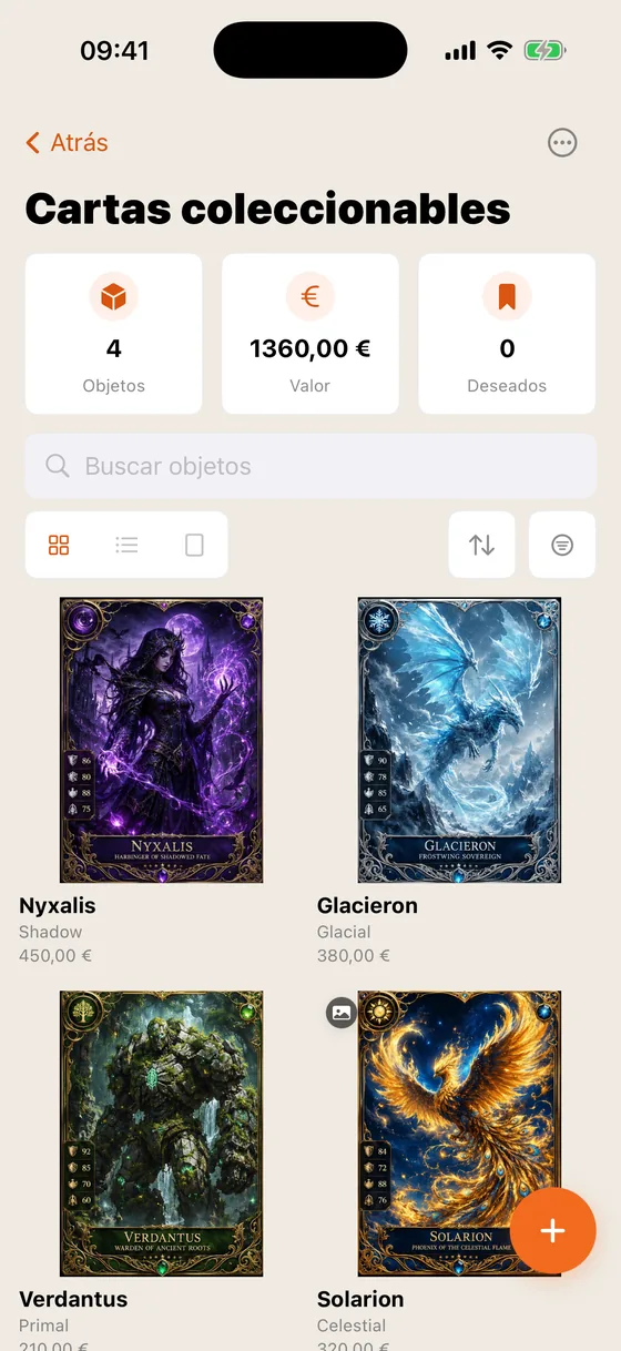 La galería de una colección de cartas, en cuadrícula.