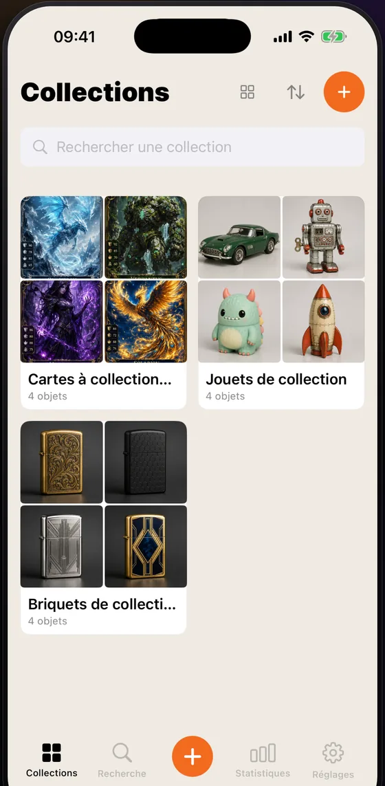 L’écran d’accueil de Collection, avec trois collections en vignettes.