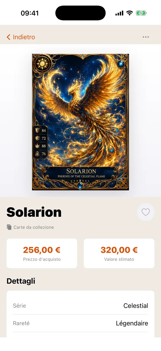 La scheda dettagliata di una carta, con la sua foto e i suoi campi.