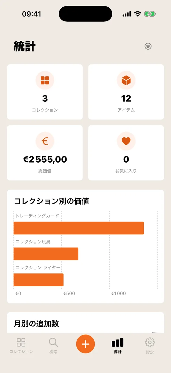統計画面。コレクション別の価値が棒グラフで表示されている。