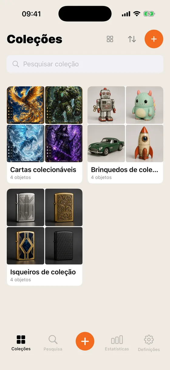 O ecrã inicial da Collection, com três coleções em miniatura.